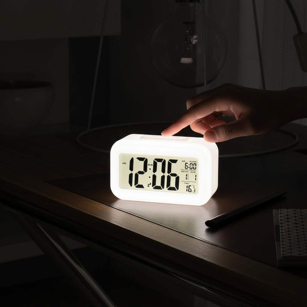 Hand pressing snooze with backlight