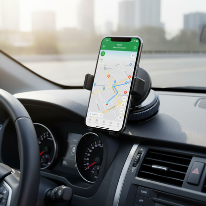 Car dashboard with phone showing GPS