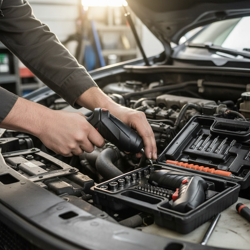 Car repair under hood