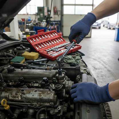 Car repair with socket wrench set