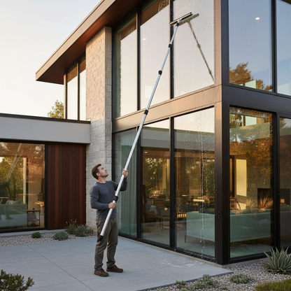 Cleaning high windows with telescopic squeegee