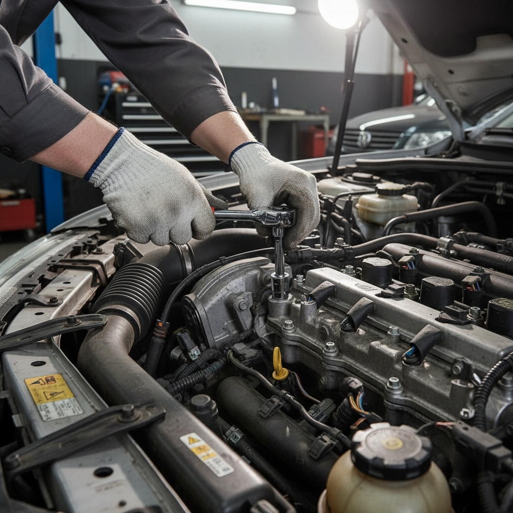 Mechanic using socket wrench on car engine