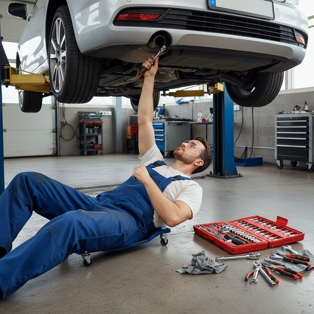 Mechanic working under car with socket wrench