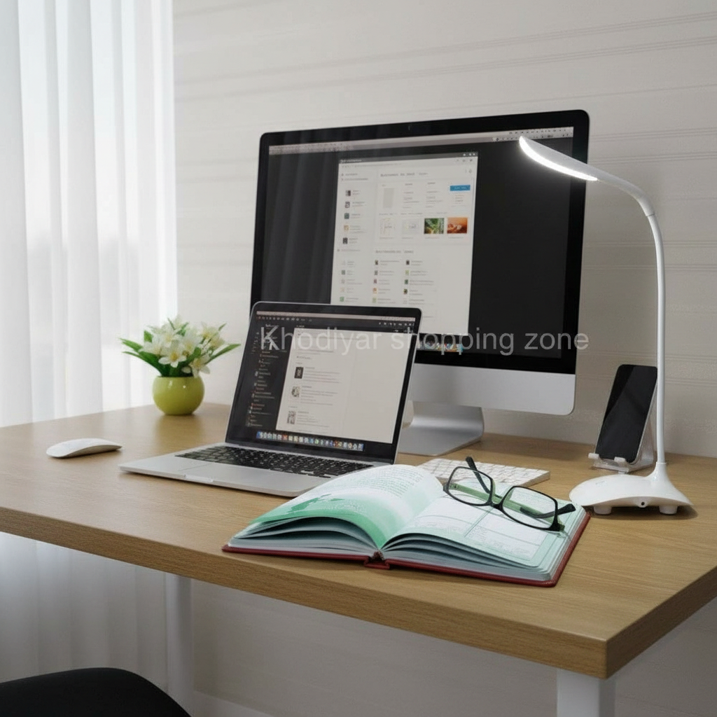 Office desk with lamp
